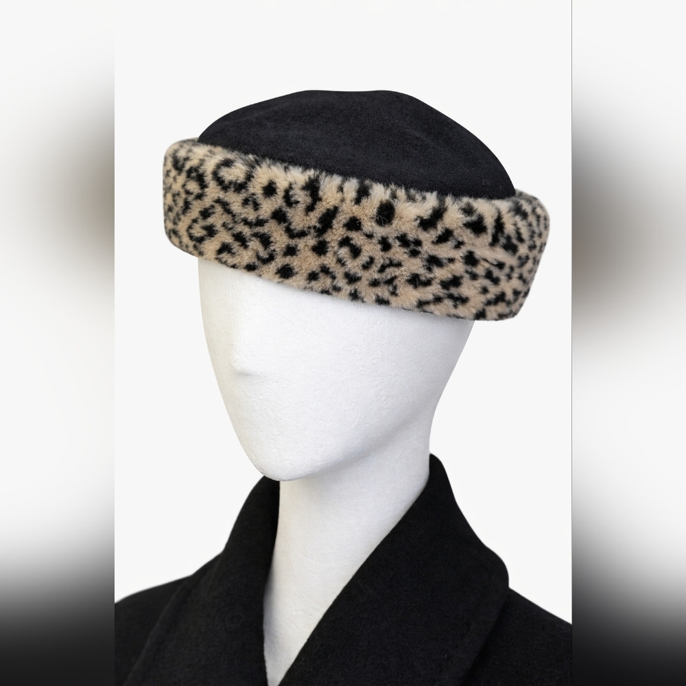 Parkhurst Vintage Black Hat with Leopard Print Band | 100% Wool | 7 1/8 Size